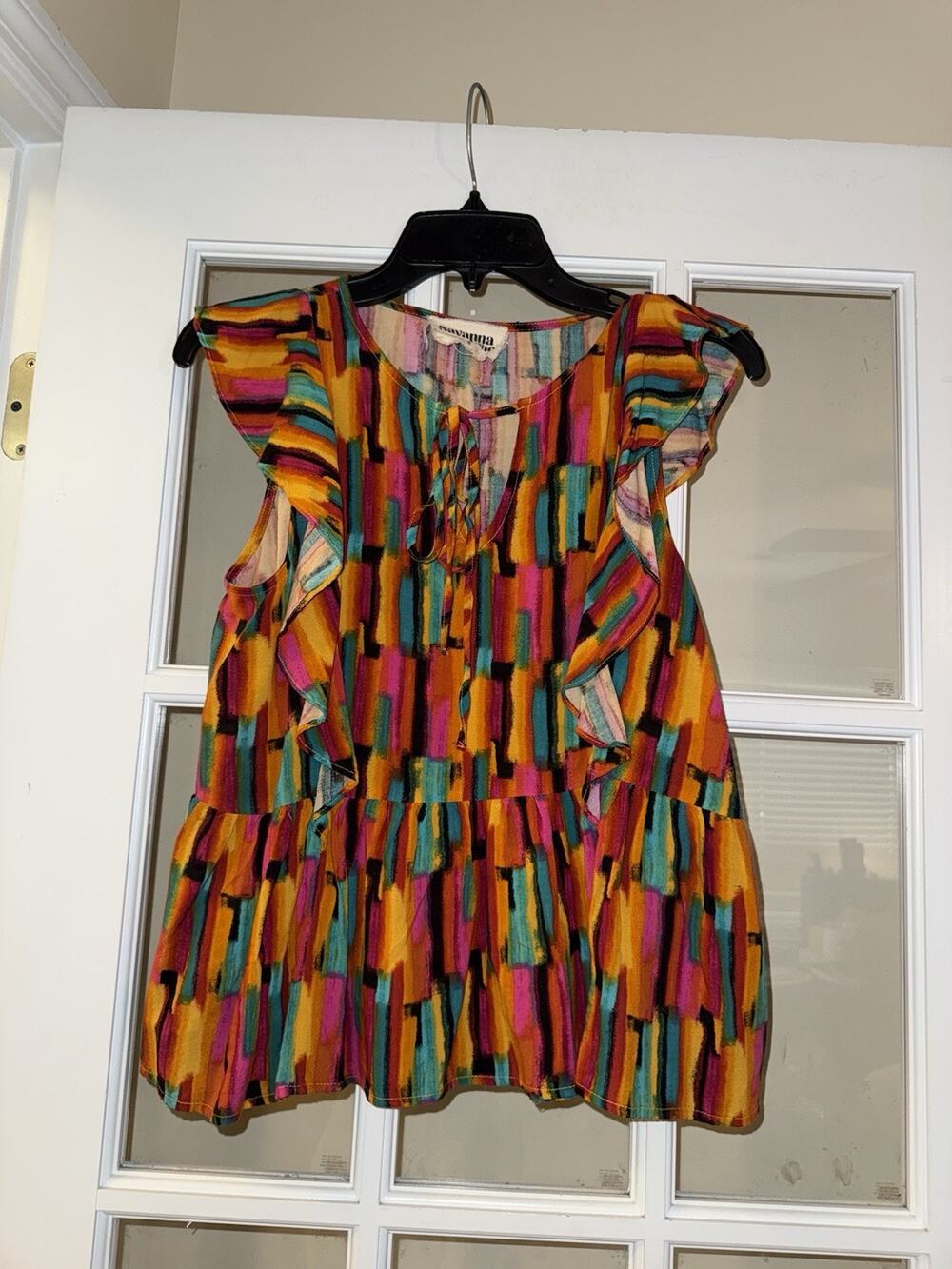 Womenโs size Small Multicolored Sleeveless Blouse - Savanna Jane Ruffles Tie